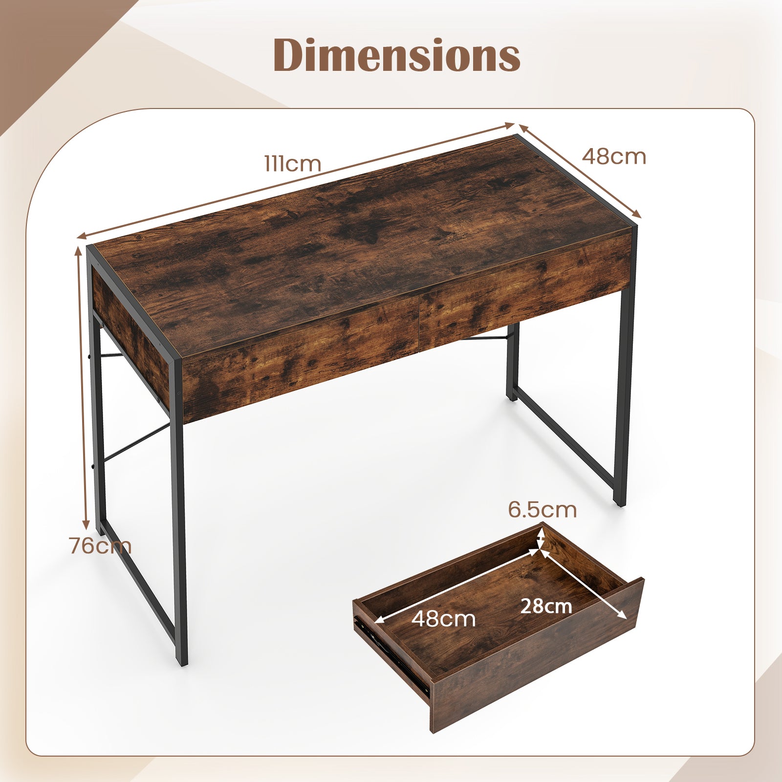 Computer Desk with 2 Drawers Vanity Table with Heavy-Duty Metal Frame-Rustic Brown