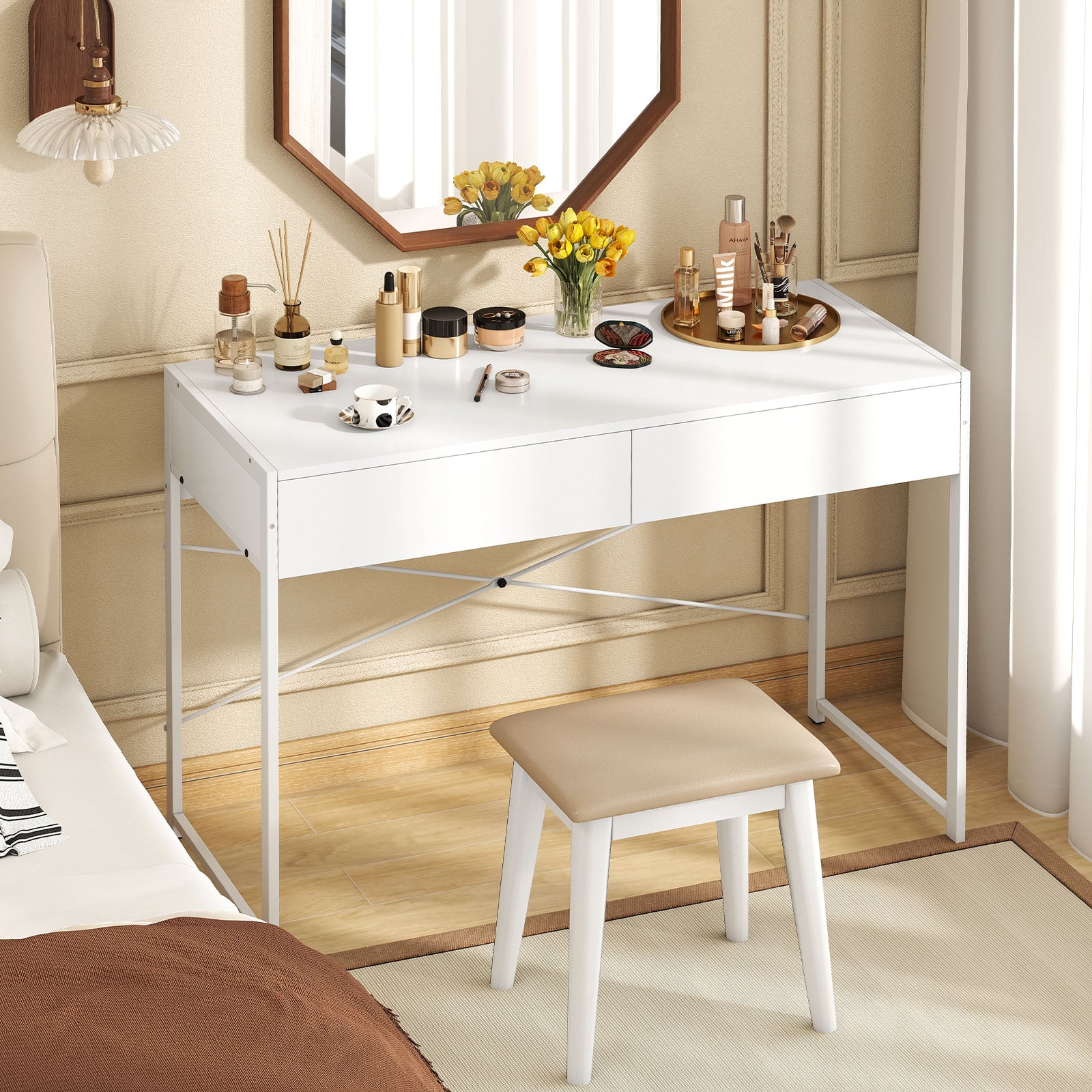 Computer Desk with 2 Drawers Vanity Table with Heavy-Duty Metal Frame-White