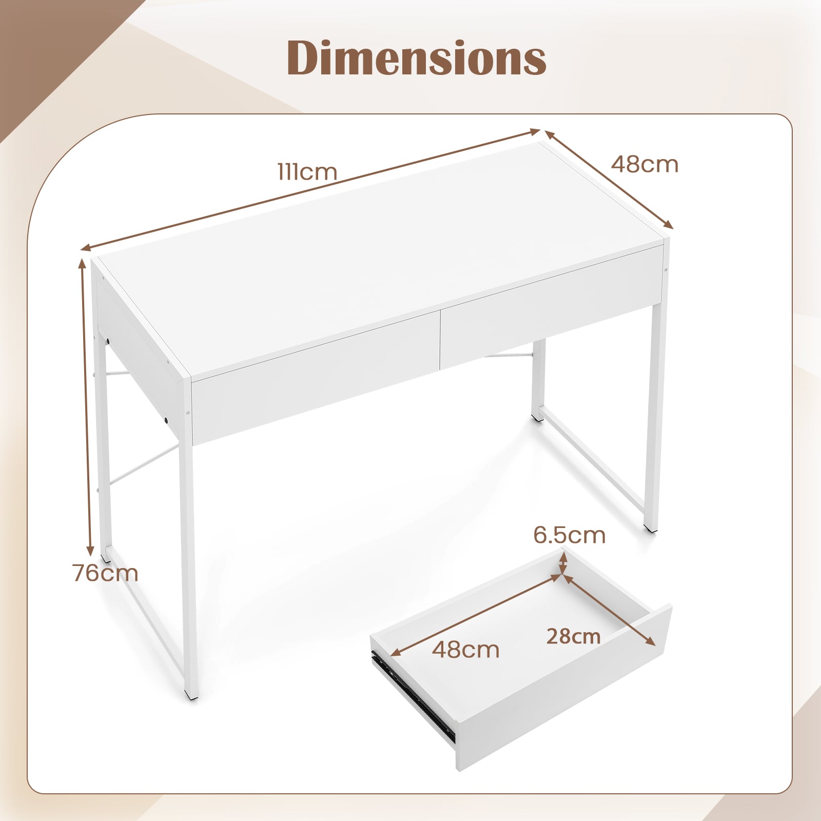 Computer Desk with 2 Drawers Vanity Table with Heavy-Duty Metal Frame-White