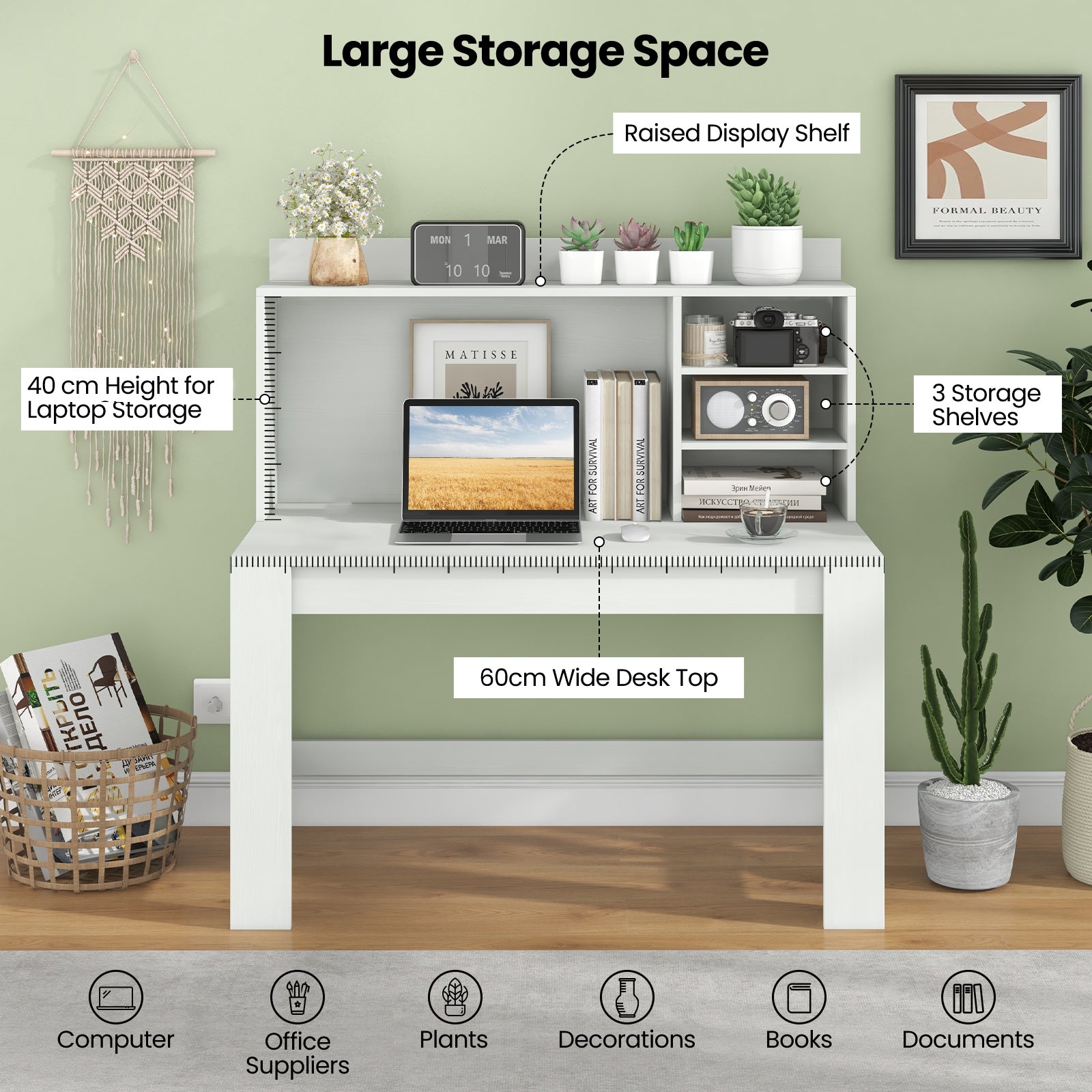 Computer Desk with 3 Storage Shelves and Cable Hole for Study-White