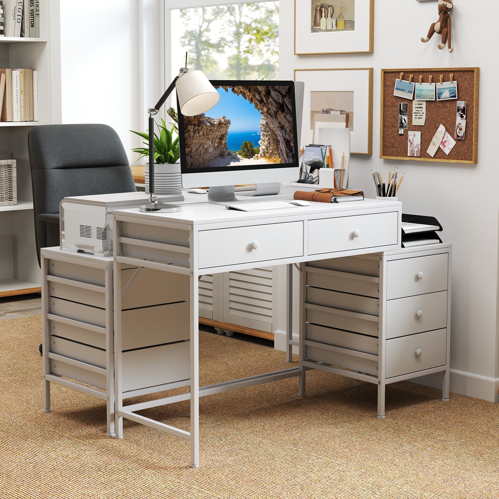 Computer Desk with 5 Drawers and Side File Cabinet-White