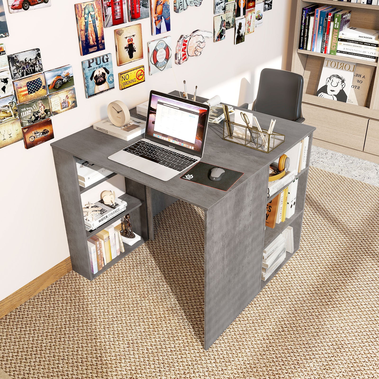 Computer Desk with Bookshelf for Study Living Room-Grey