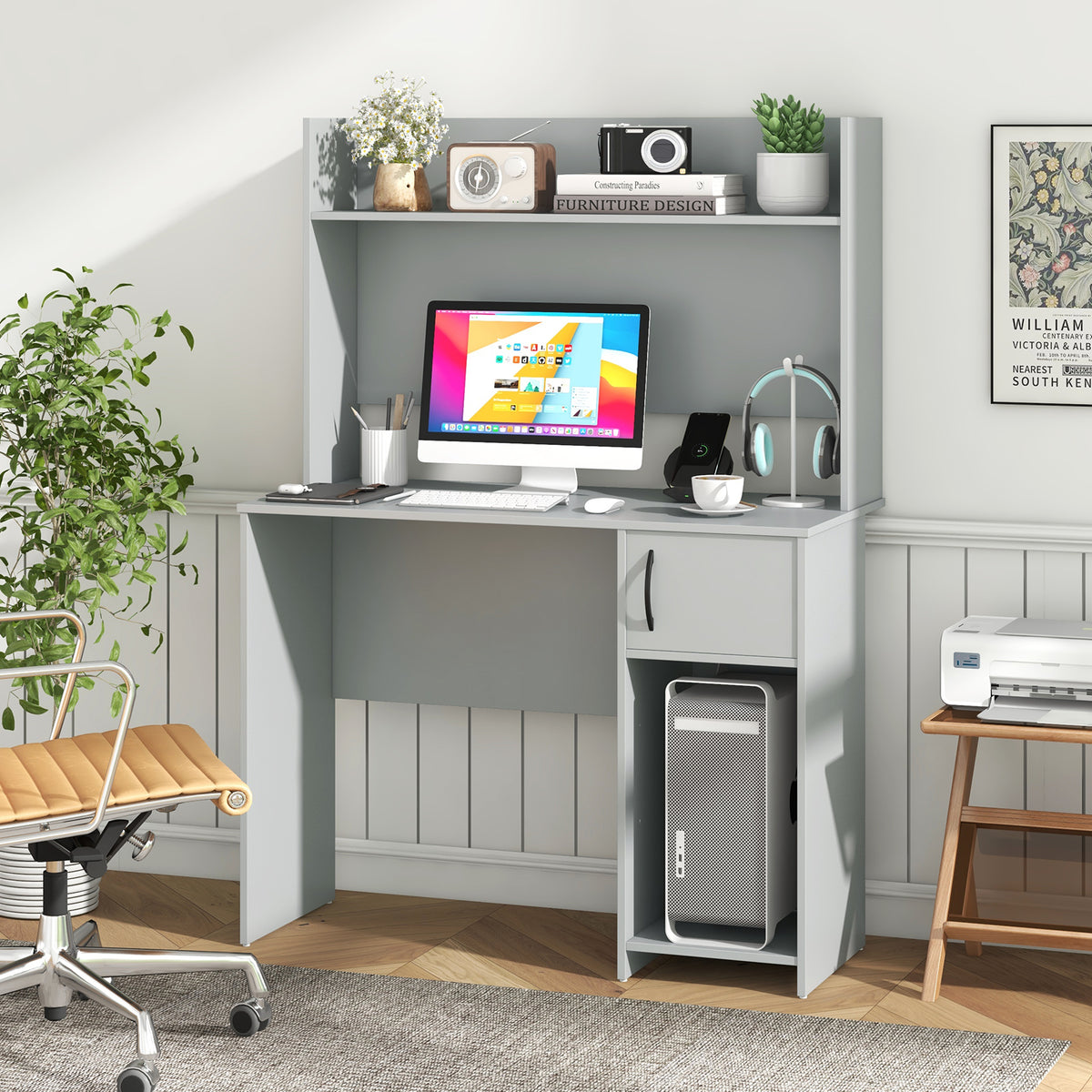 Computer Desk with Hutch and 2 Open Shelves-Grey