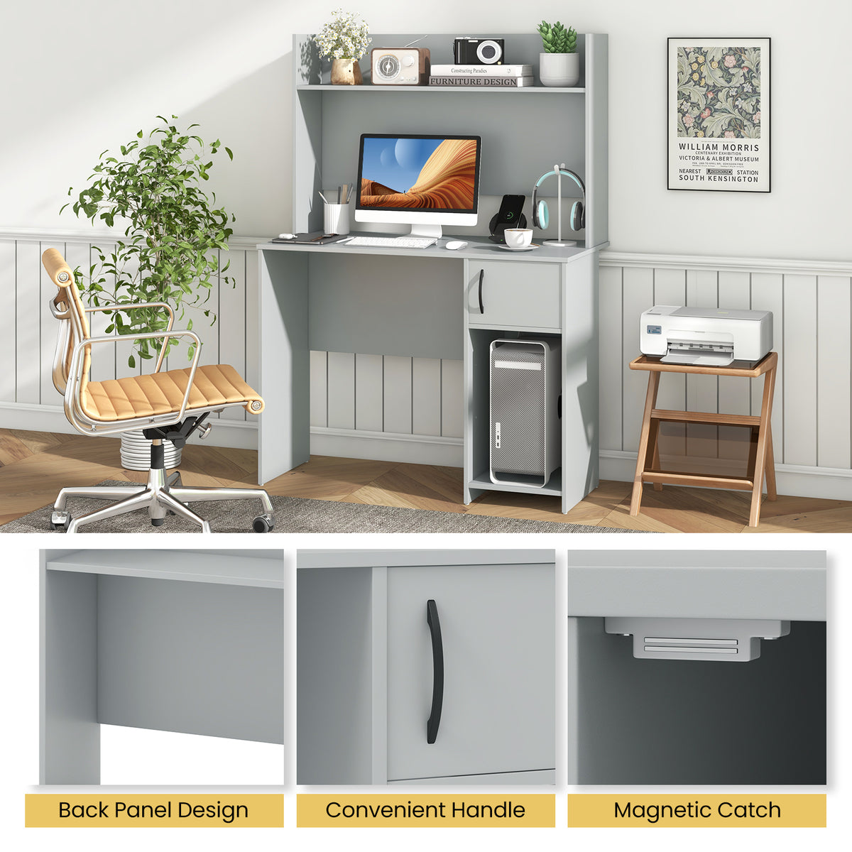 Computer Desk with Hutch and 2 Open Shelves-Grey