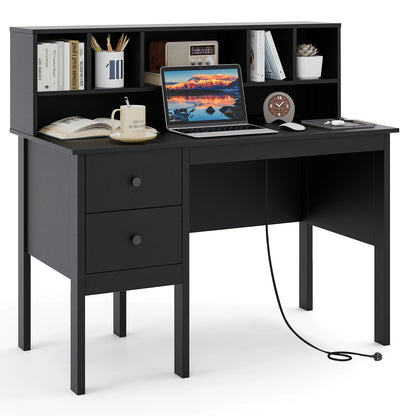 Computer Desk with Power Outlets and Hutch-Black