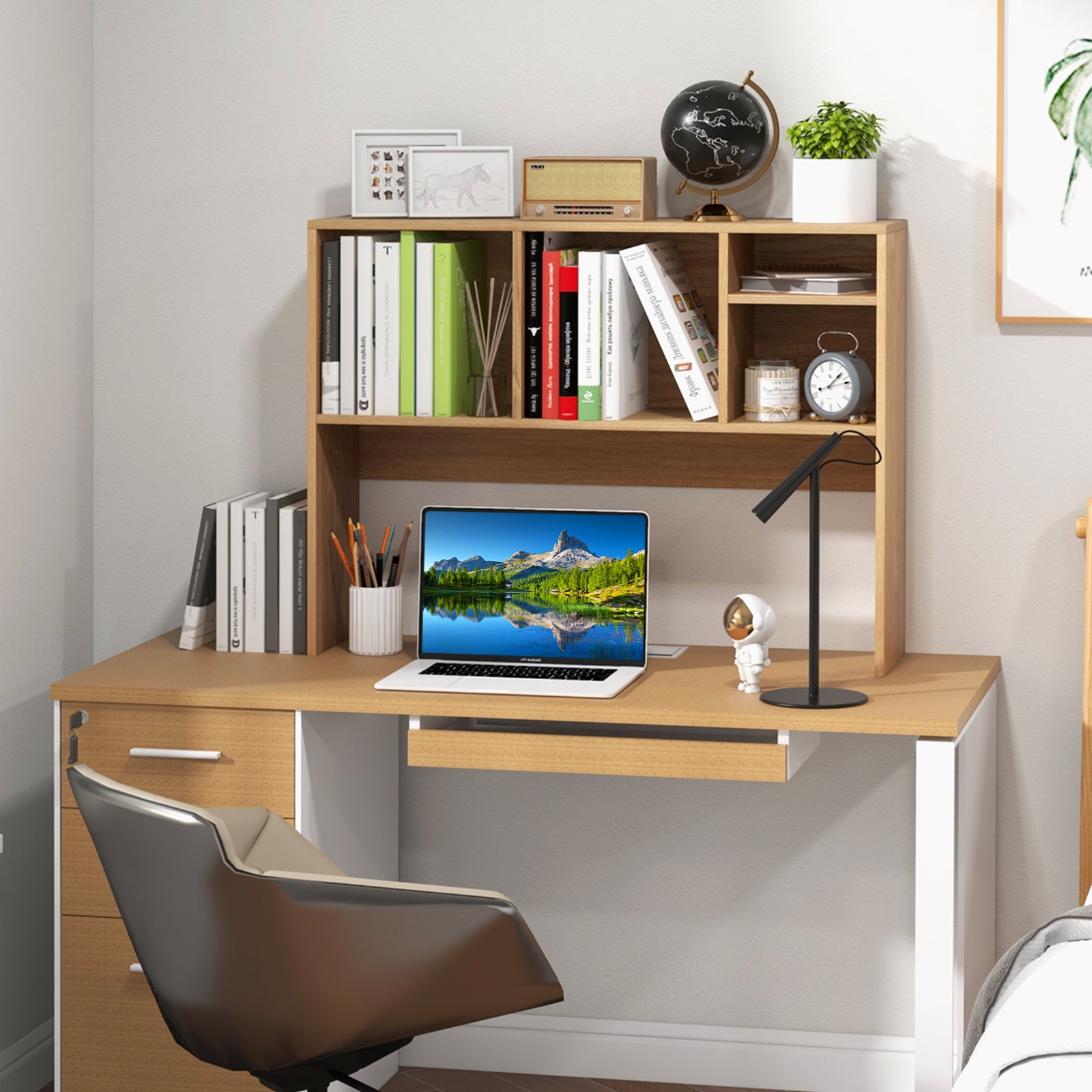 Computer Desktop Bookcase with 4 Cubbies and Open Back Compartment-Natural