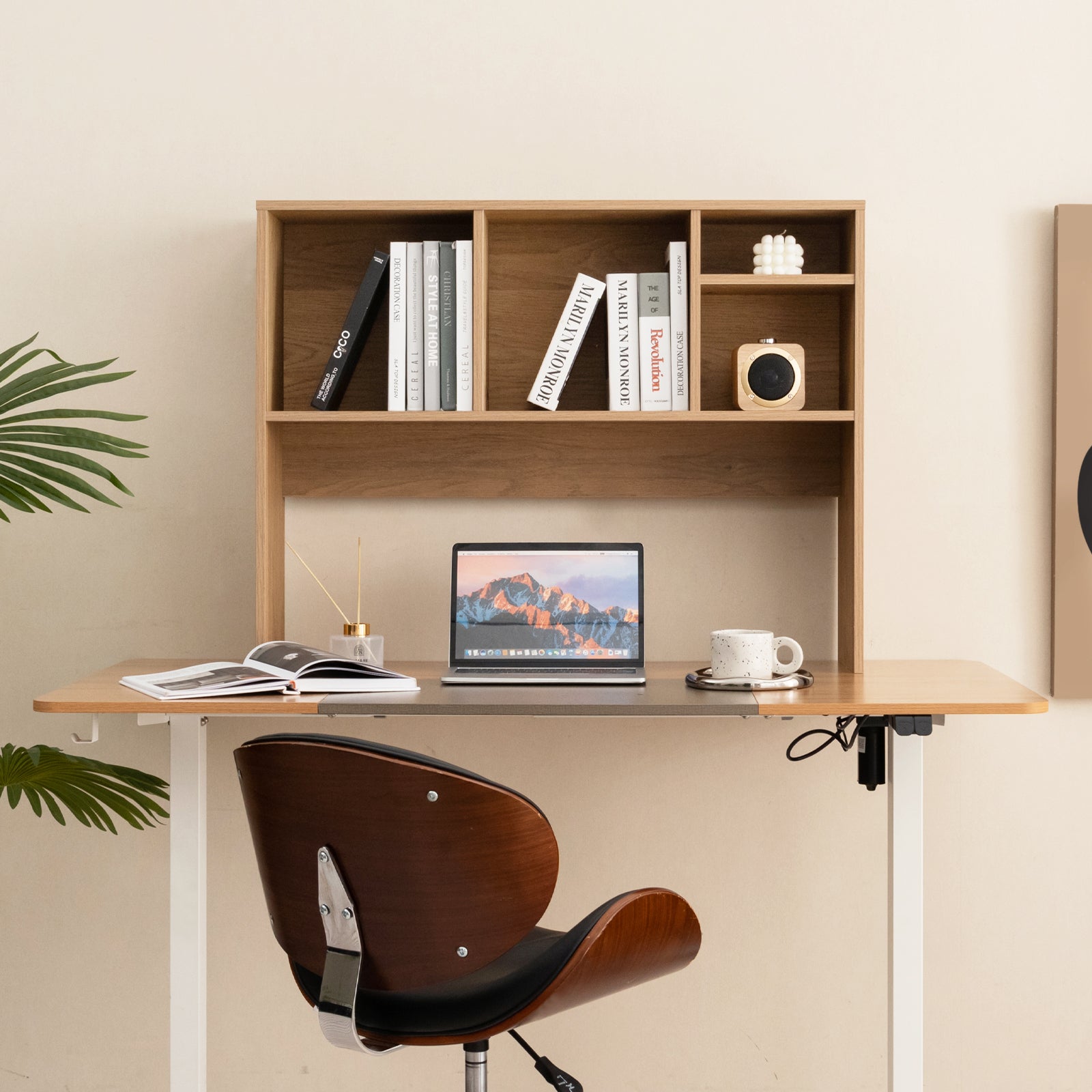 Computer Desktop Bookcase with 4 Cubbies and Open Back Compartment-Natural