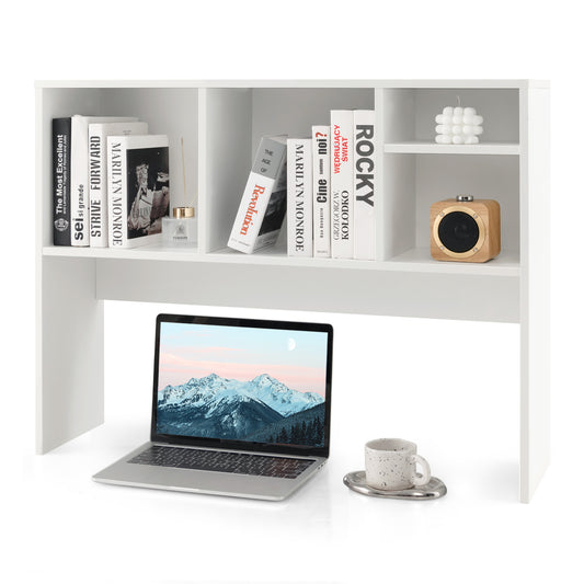 Computer Desktop Bookcase with 4 cubbies and an open back compartment in white