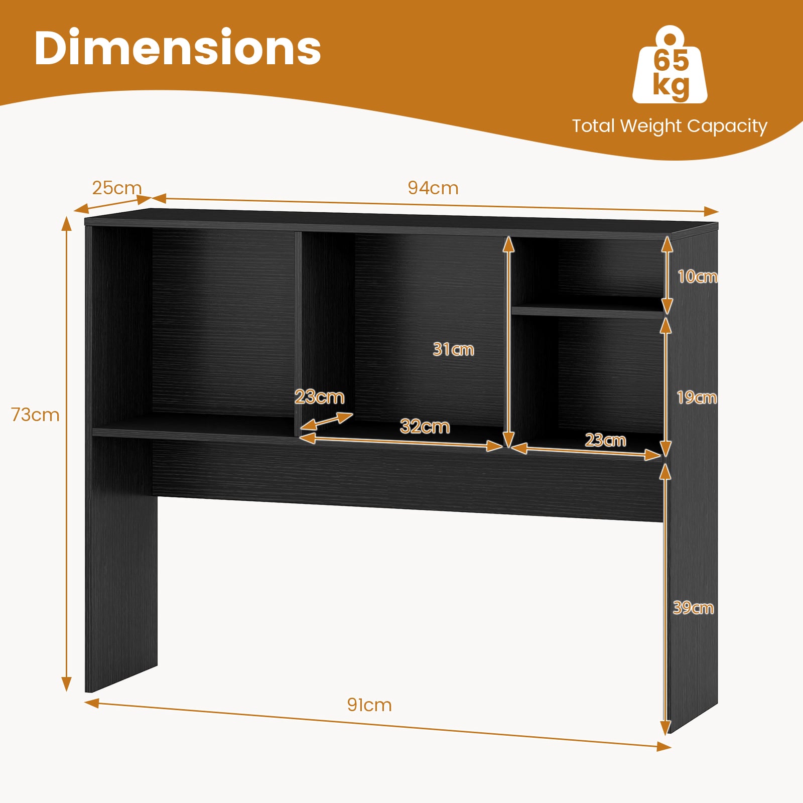 Computer Desktop Bookcase with 4 Cubbies and Open Back Compartment-Black