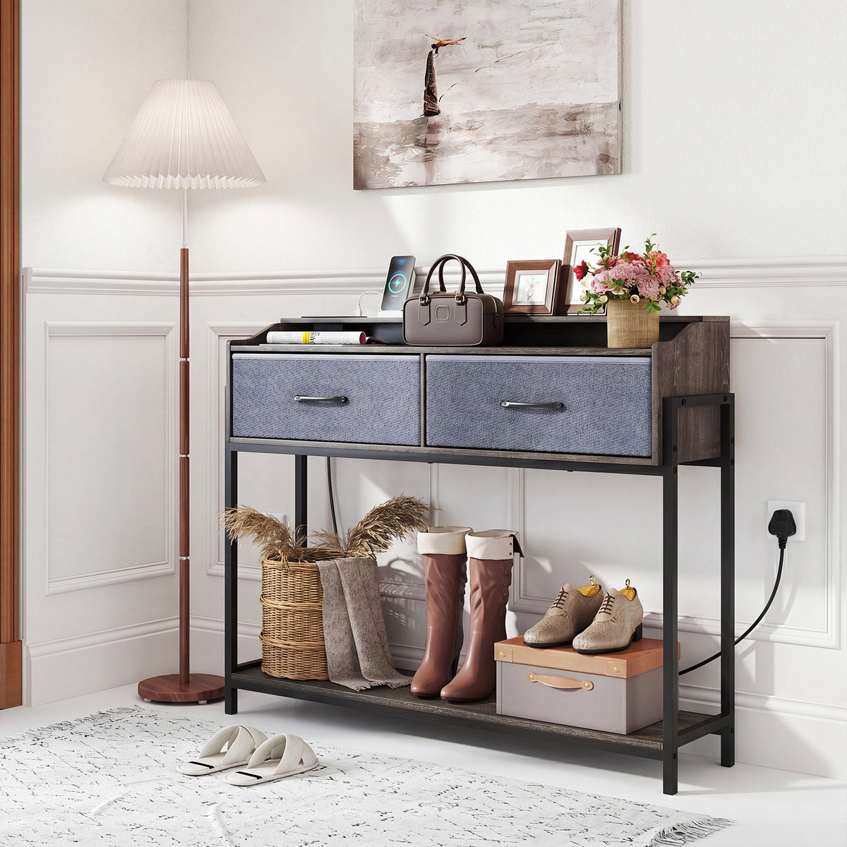 Console Table with Charging Station 110cm Entryway Table with 2 Drawers-Grey