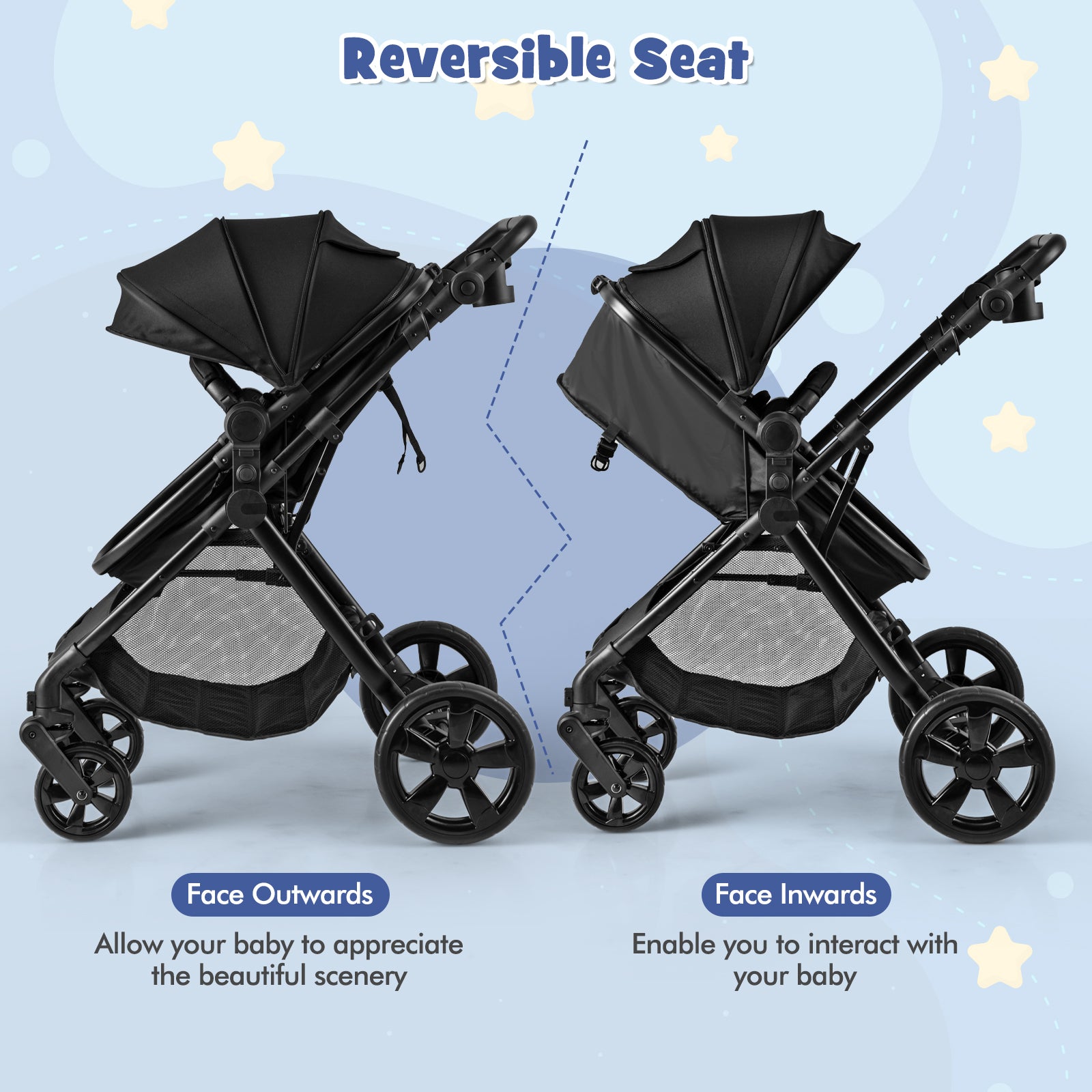2-in-1 Convertible Baby Stroller with Reversible Seat and Adjustable Canopy-Black