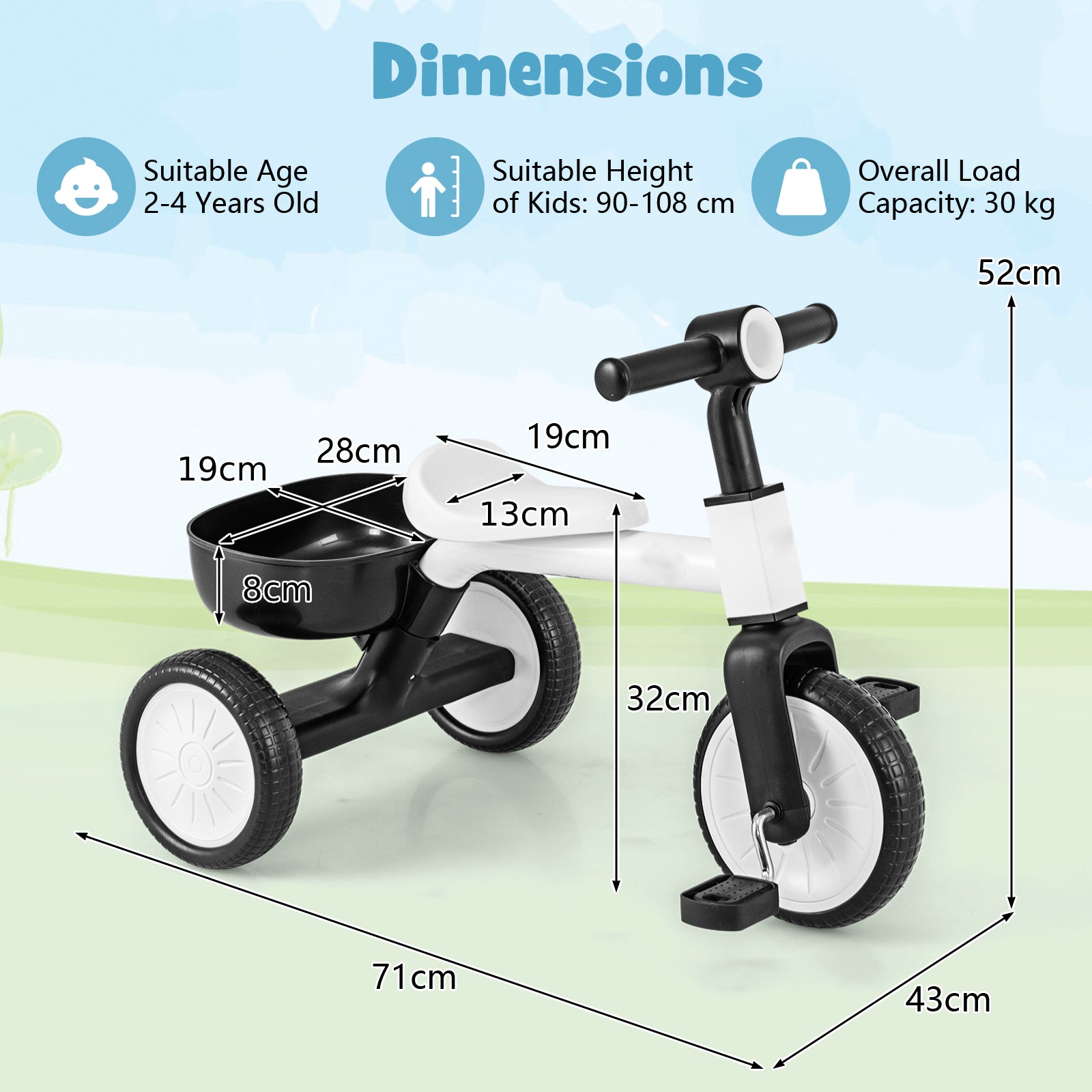Convertible Kids Tricycle Toddler Trike with 86° Limited Steering Angle-White