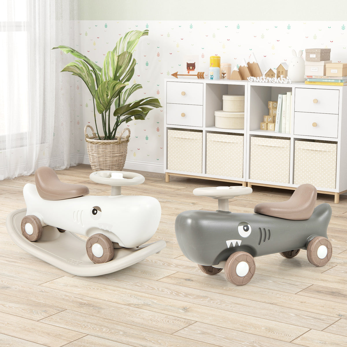 Two convertible rocking horse and sliding cars, one grey and one white