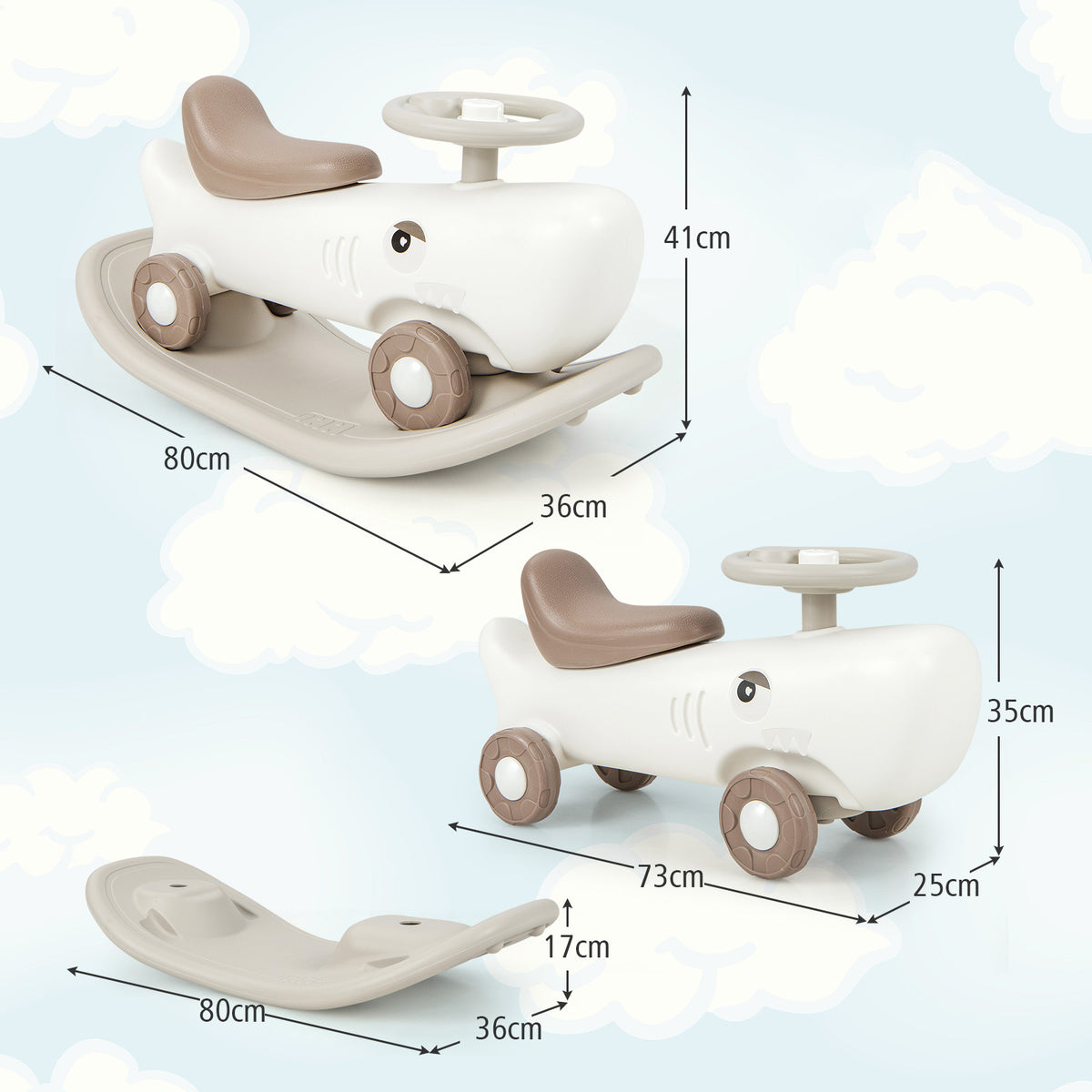 Dimensions of the white convertible rocking horse and sliding car, showing length, width and height
