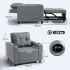 Gray armchair with dimensions and weight capacity displayed on a white background