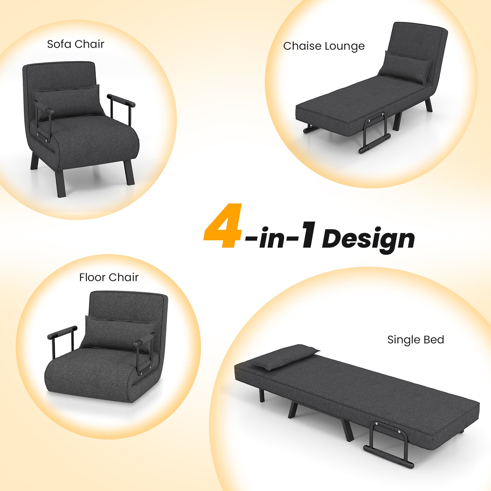 Convertible Sofa Bed 4-in-1 with 6-Position Adjustable Backrest-Dark Grey