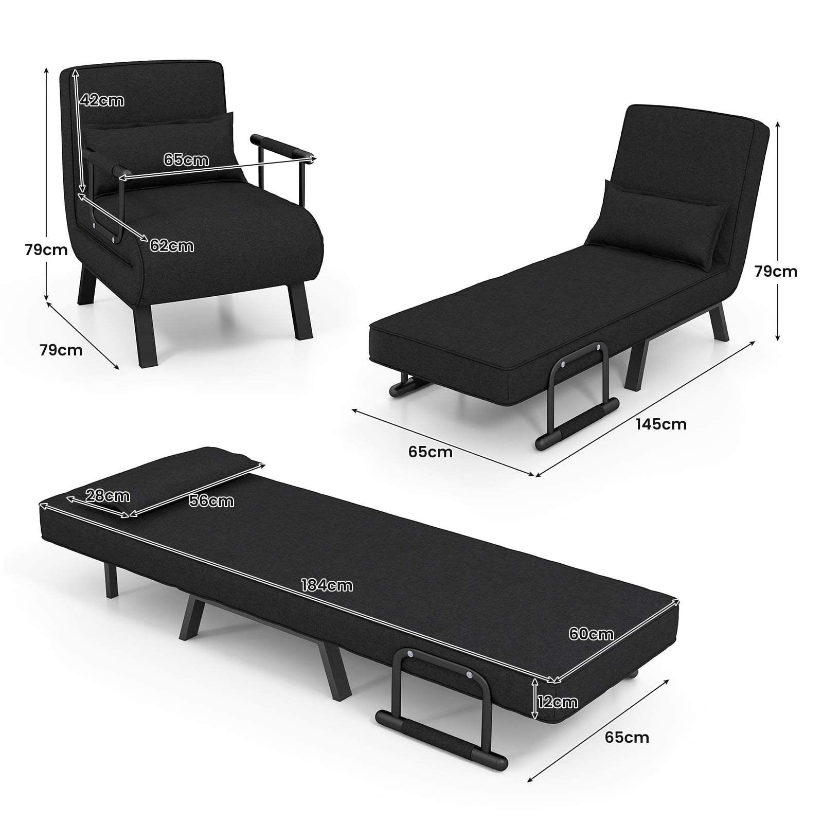 Convertible Sofa Bed 4-in-1 with 6-Position Adjustable Backrest-Black