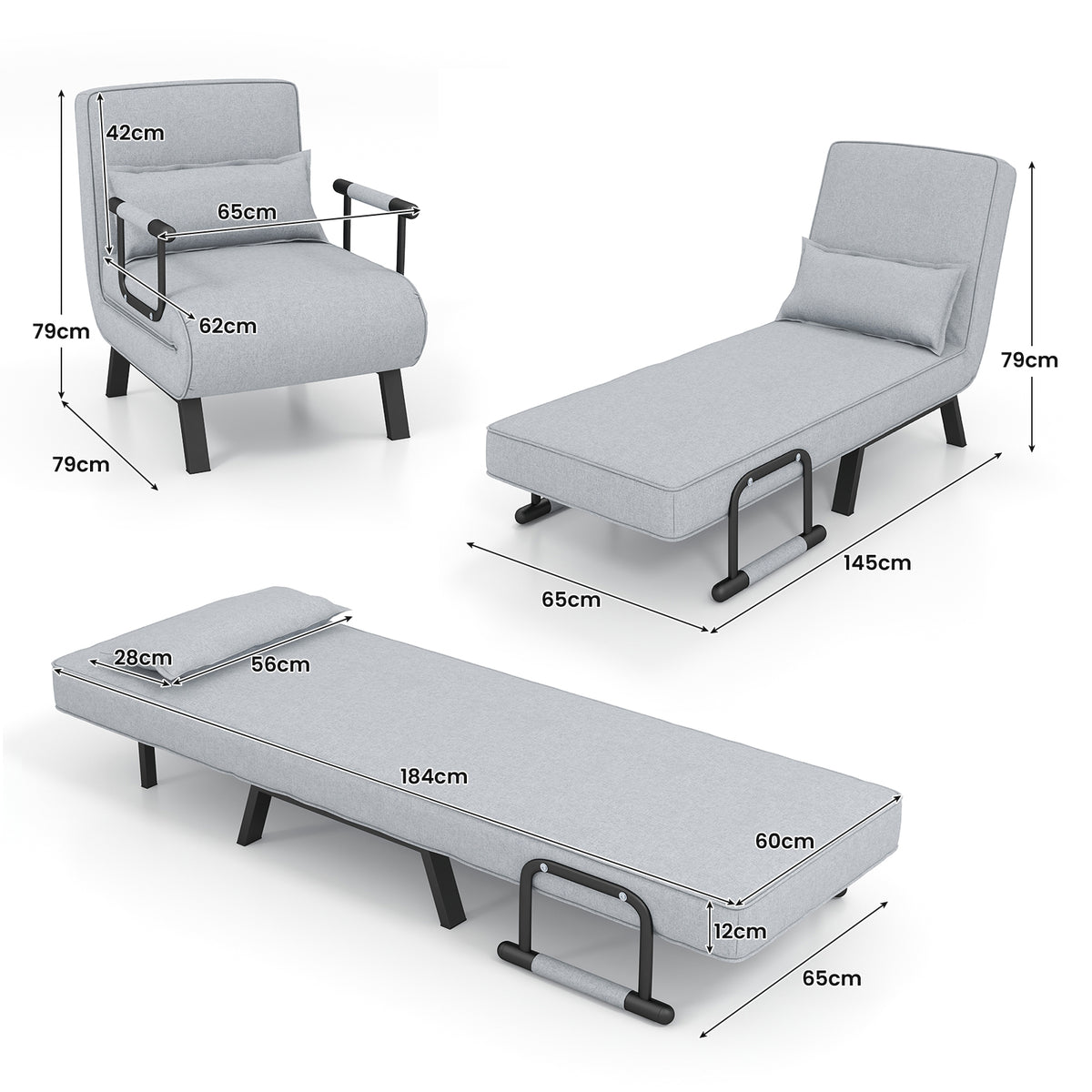 Convertible Sofa Bed 4-in-1 with 6-Position Adjustable Backrest-Light Grey