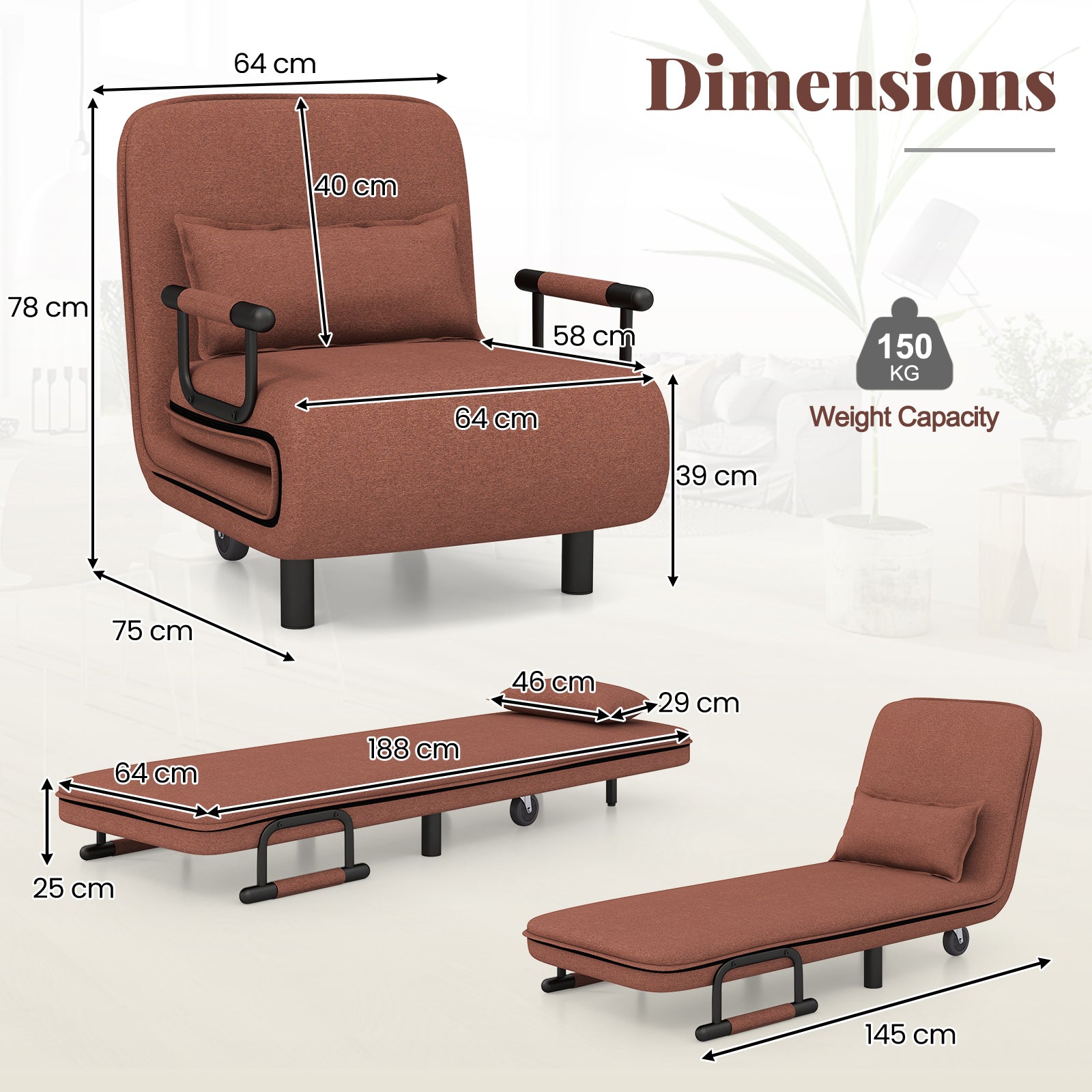 3-in-1 Convertible Sofa Bed with 5-Position Adjustable Backrest-Brown