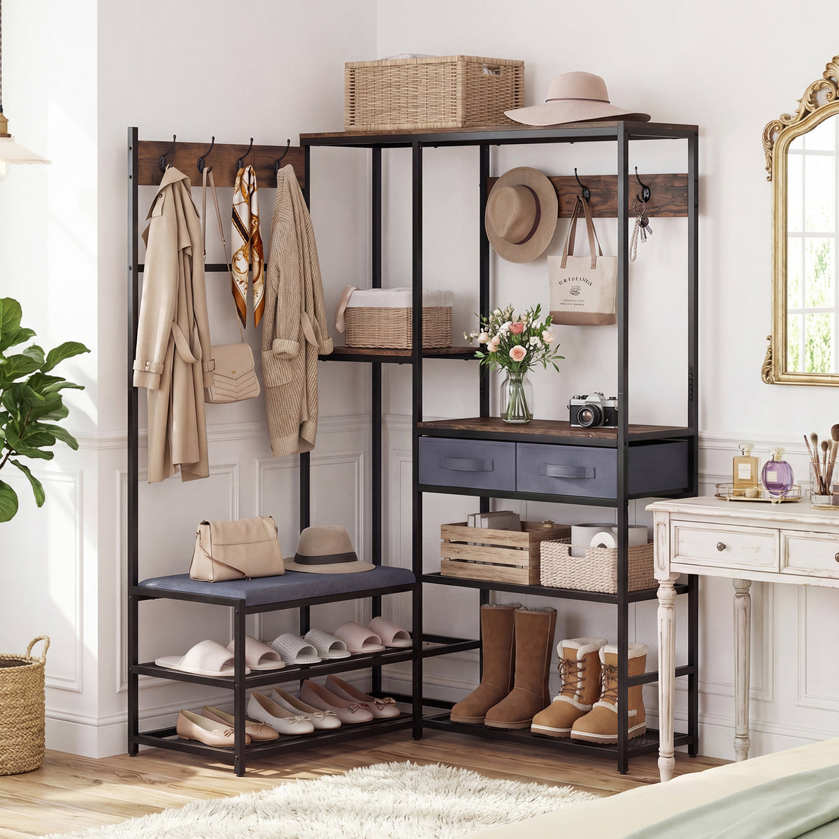 Corner Coat Rack with Shoe Bench and Shelves for Entryway-Rustic Brown