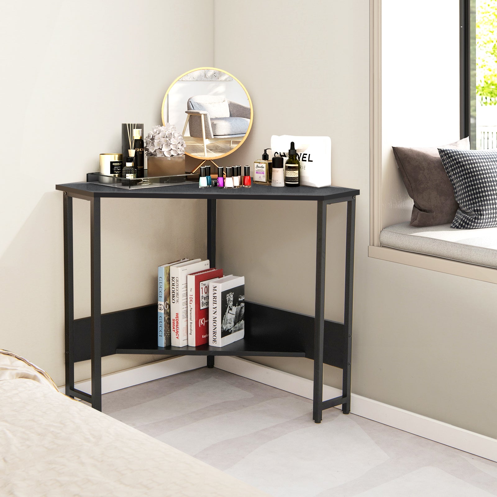 Corner Desk 90-degree Triangle Computer Desk with Power Outlet-Black