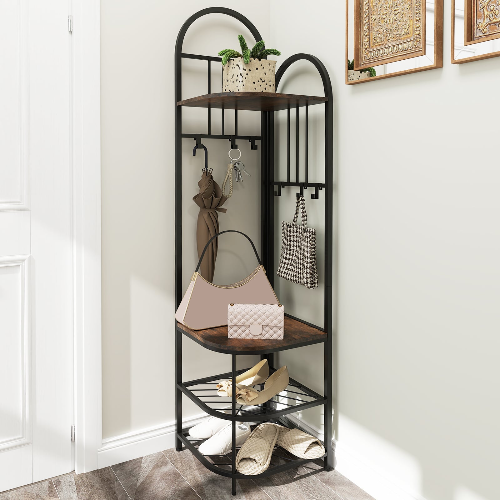 Corner Hall Tree 4-Tier Coat Rack with Storage Bench and Hooks-Rustic Brown
