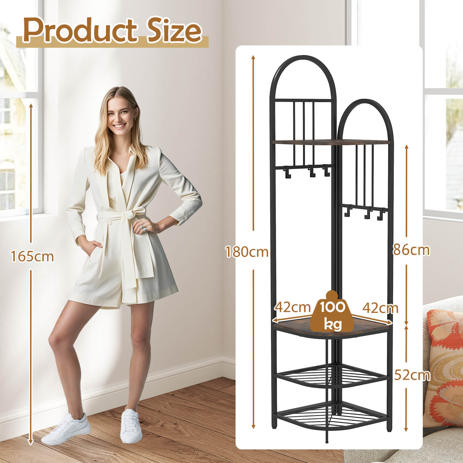 Corner Hall Tree 4-Tier Coat Rack with Storage Bench and Hooks-Rustic Brown