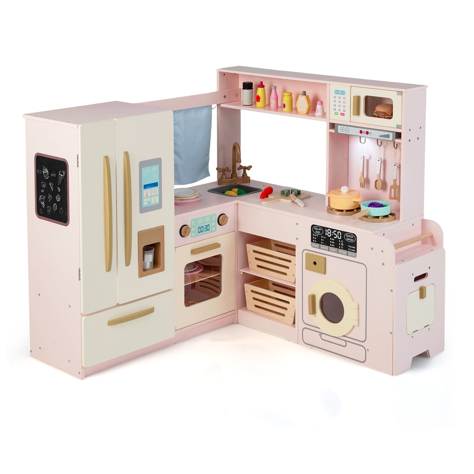 Corner Kitchen Playset with Large Fridge for Toddlers 3+ Years Old-Pink