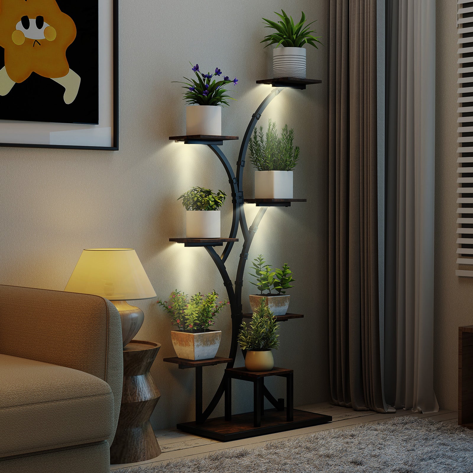 146CM Tall 8-Tier Corner Metal Plant Shelf for Multiple Plants-Rustic Brown