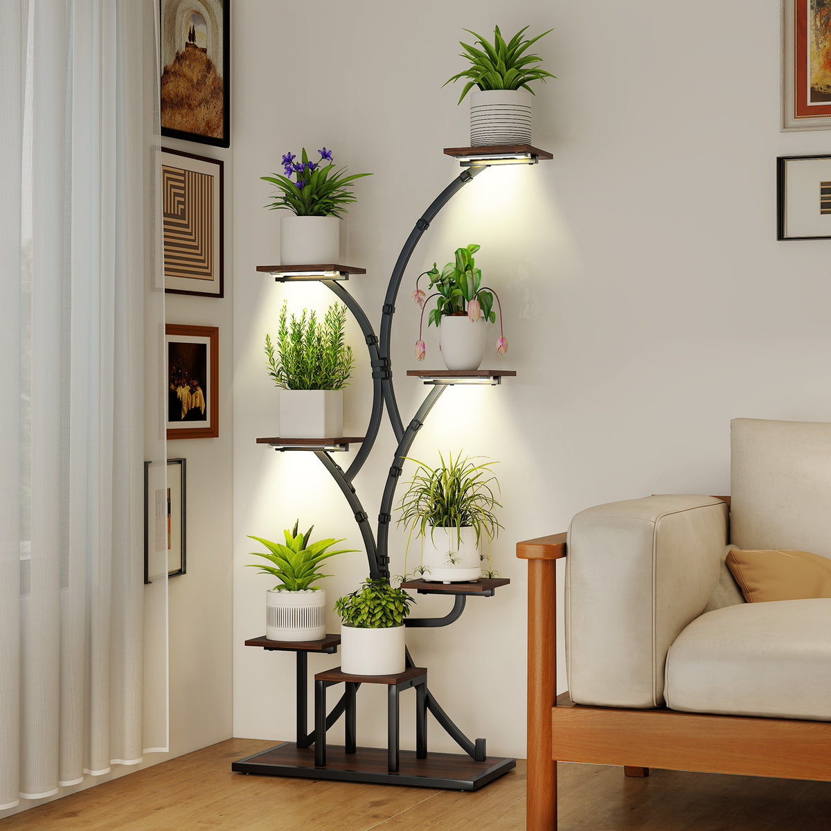 146CM Tall 8-Tier Corner Metal Plant Shelf for Multiple Plants-Walnut