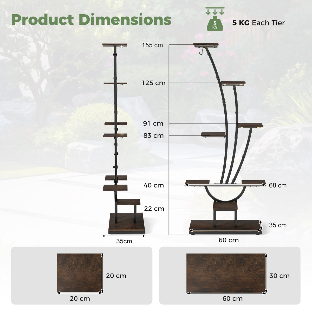 155CM Tall 8-Tier Corner Metal Plant Shelf for Multiple Plants-Rustic Brown-1 Piece