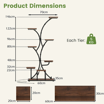 146CM Tall 8-Tier Corner Metal Plant Shelf for Multiple Plants-Walnut