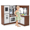 Kids Wooden Corner Play Kitchen with Lighted Range Hood and Stoves-Brown
