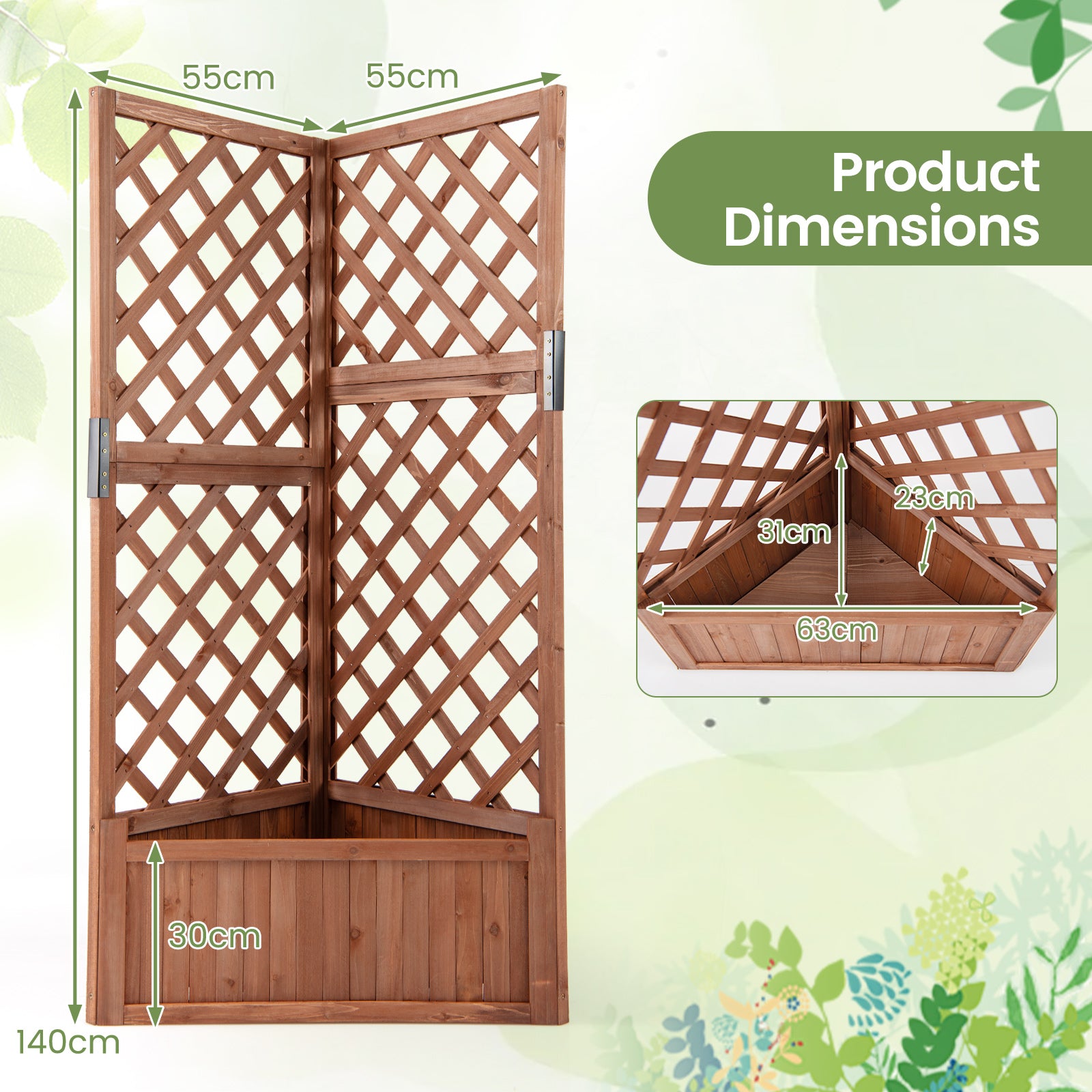 Corner Raised Garden Bed with Lattice Trellises Drainage Holes-Brown