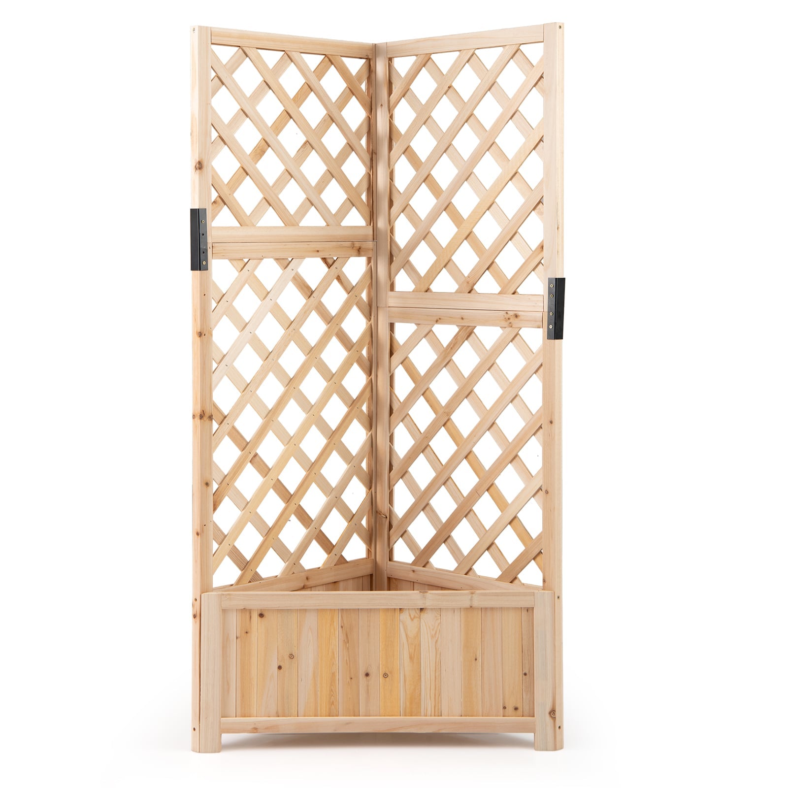 Corner Raised Garden Bed with Lattice Trellises Drainage Holes-Natural