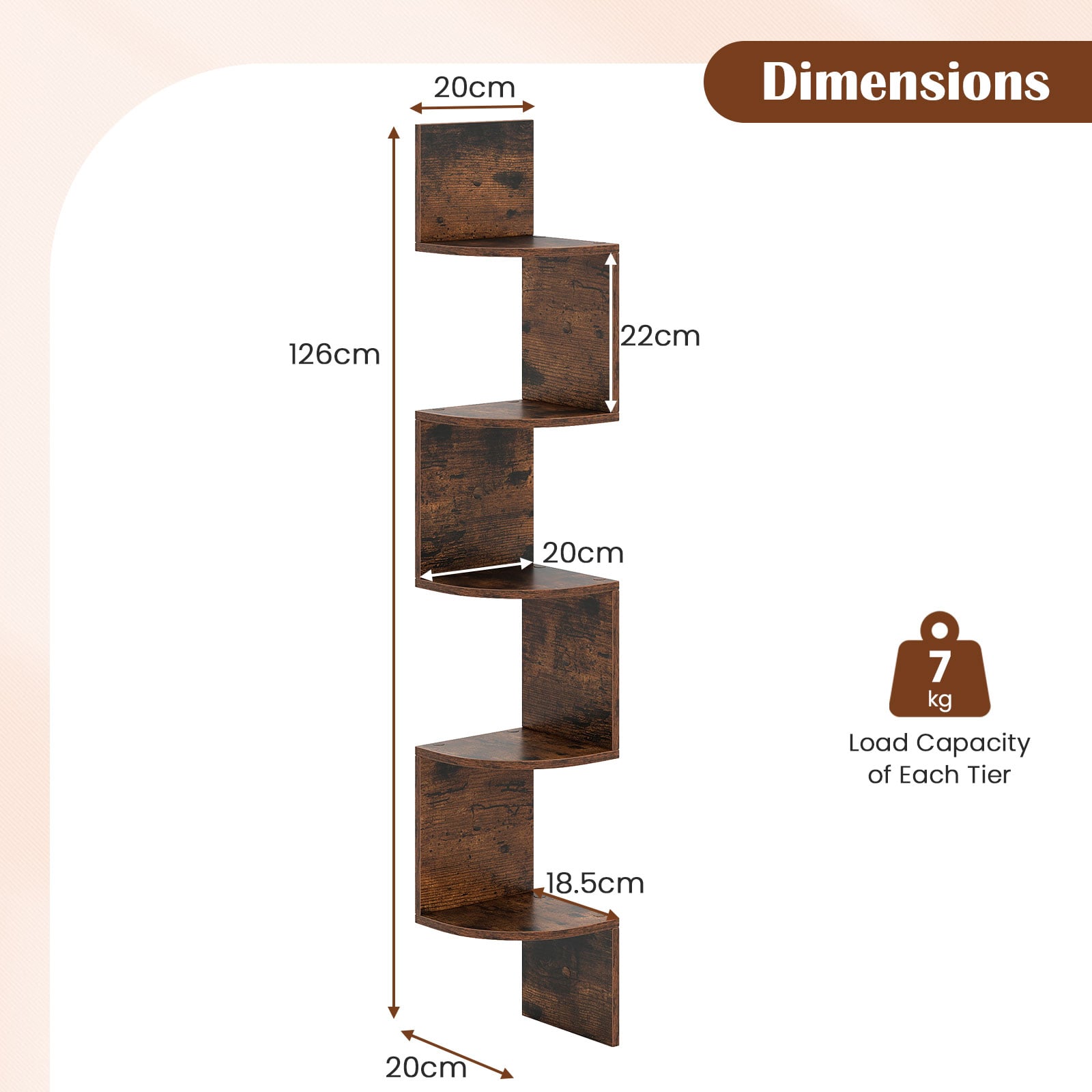 5-Tier Corner Shelf Wall Mount Floating Corner Bookshelf Corner Ladder Shelf-Rustic Brown