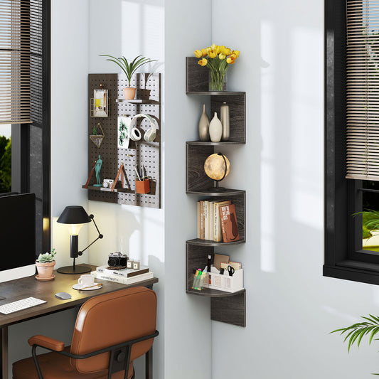 5-Tier Corner Shelf Wall Mount Floating Corner Bookshelf Corner Ladder Shelf-Grey