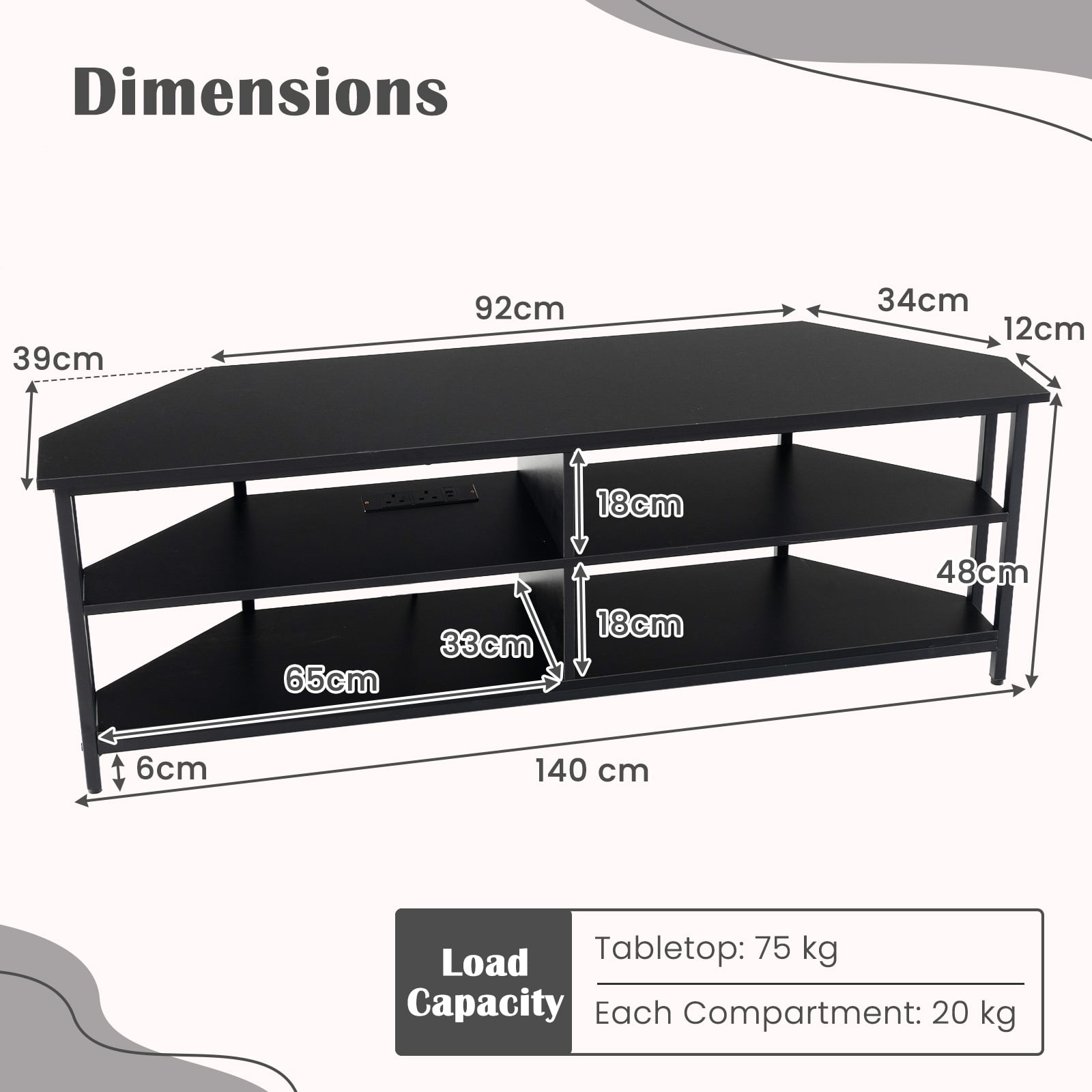 Corner TV Stand with AC Outlets and Storage Shelves-Black