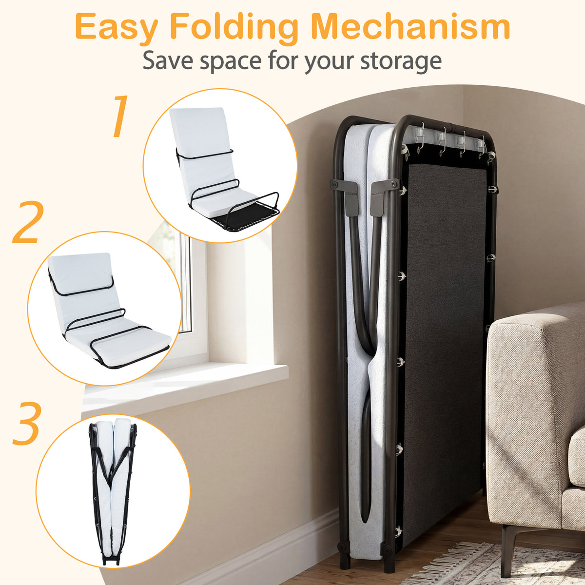 Cot Size Folding Bed with Mattress Heavy-Duty Metal Frame
