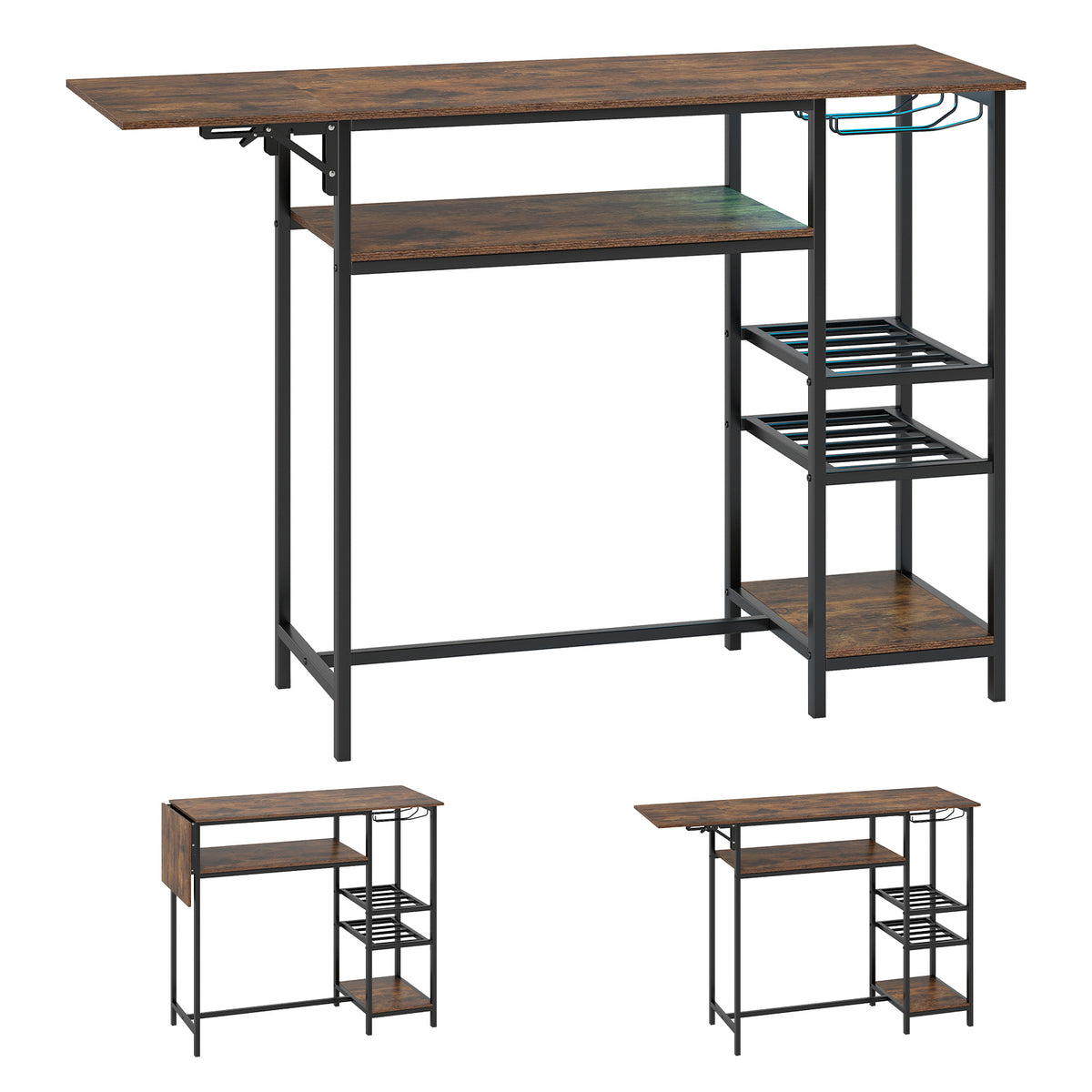 Counter Height Bar Table with LED Lights and Foldable Top-Rustic Brown
