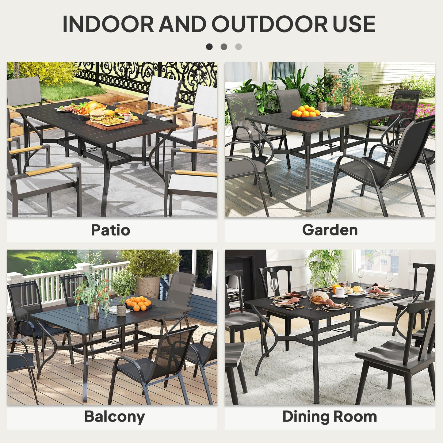 Outsunny Garden Dining Table with Parasol Hole, Patio Table with Steel Frame and Slat Tabletop, Black