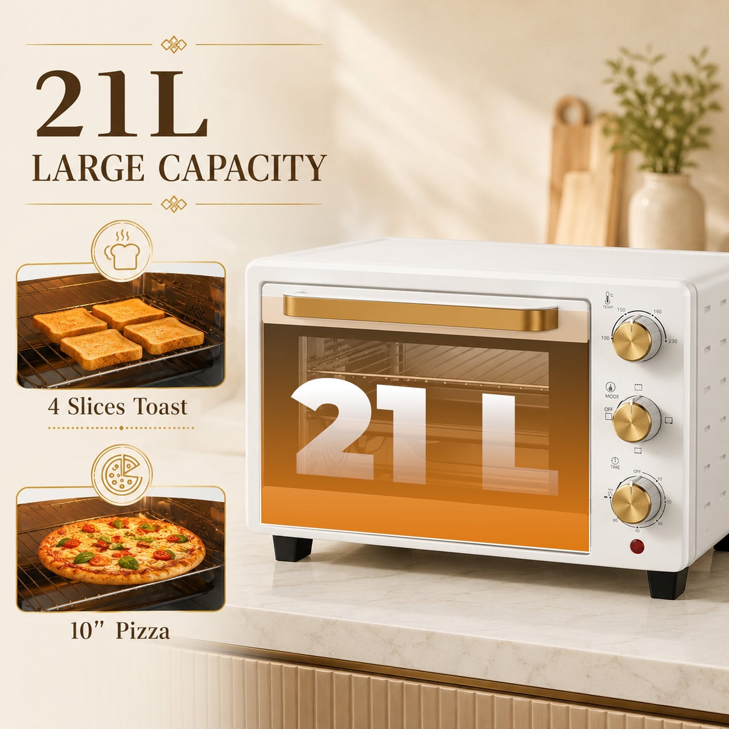 HOMCOM 21L Mini Countertop Oven, 100°C-230°C Adjustable Temperature, White