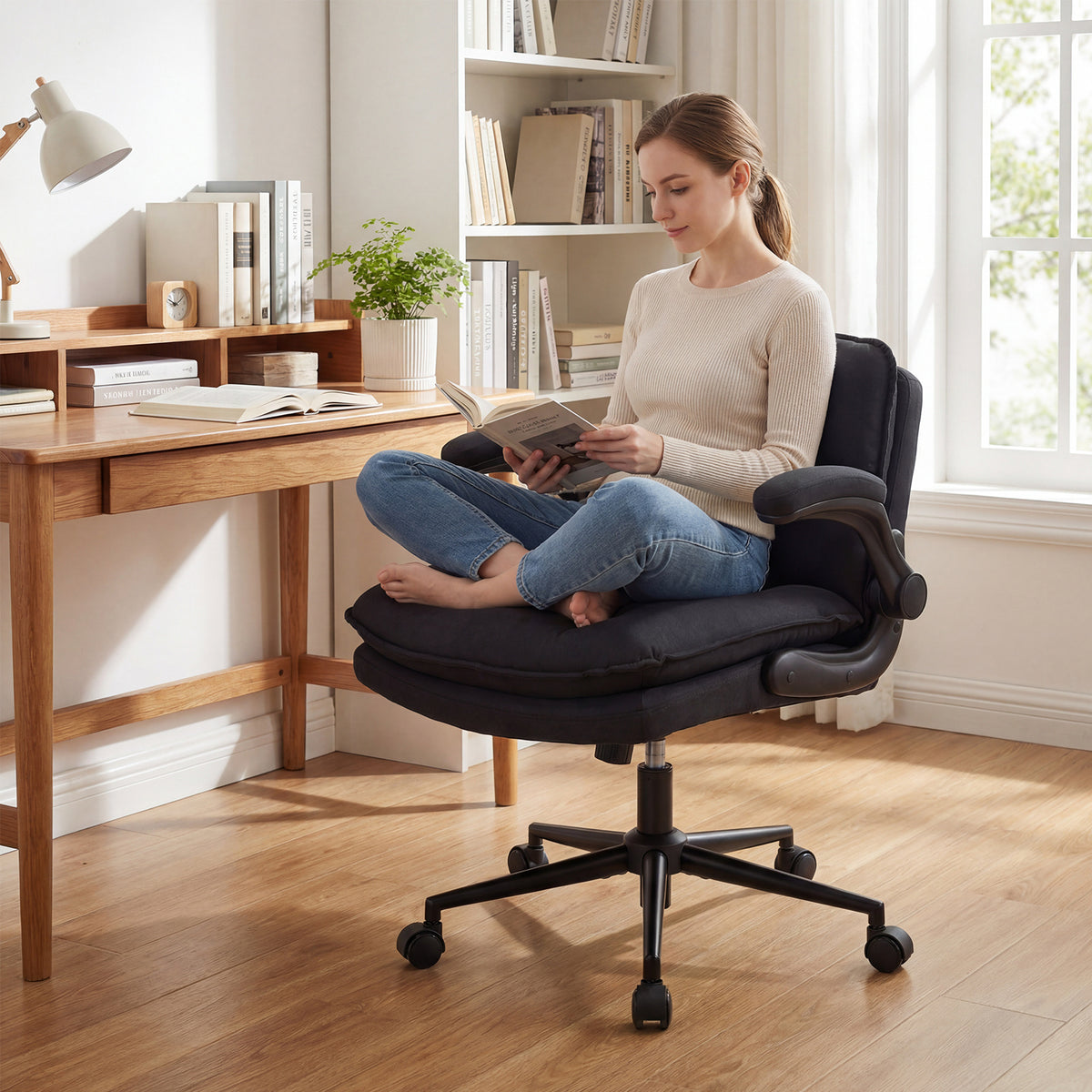 Criss Cross Chair on Wheels with Flip-up Arms Adjustable Height and Wide Backrest-Black and Grey