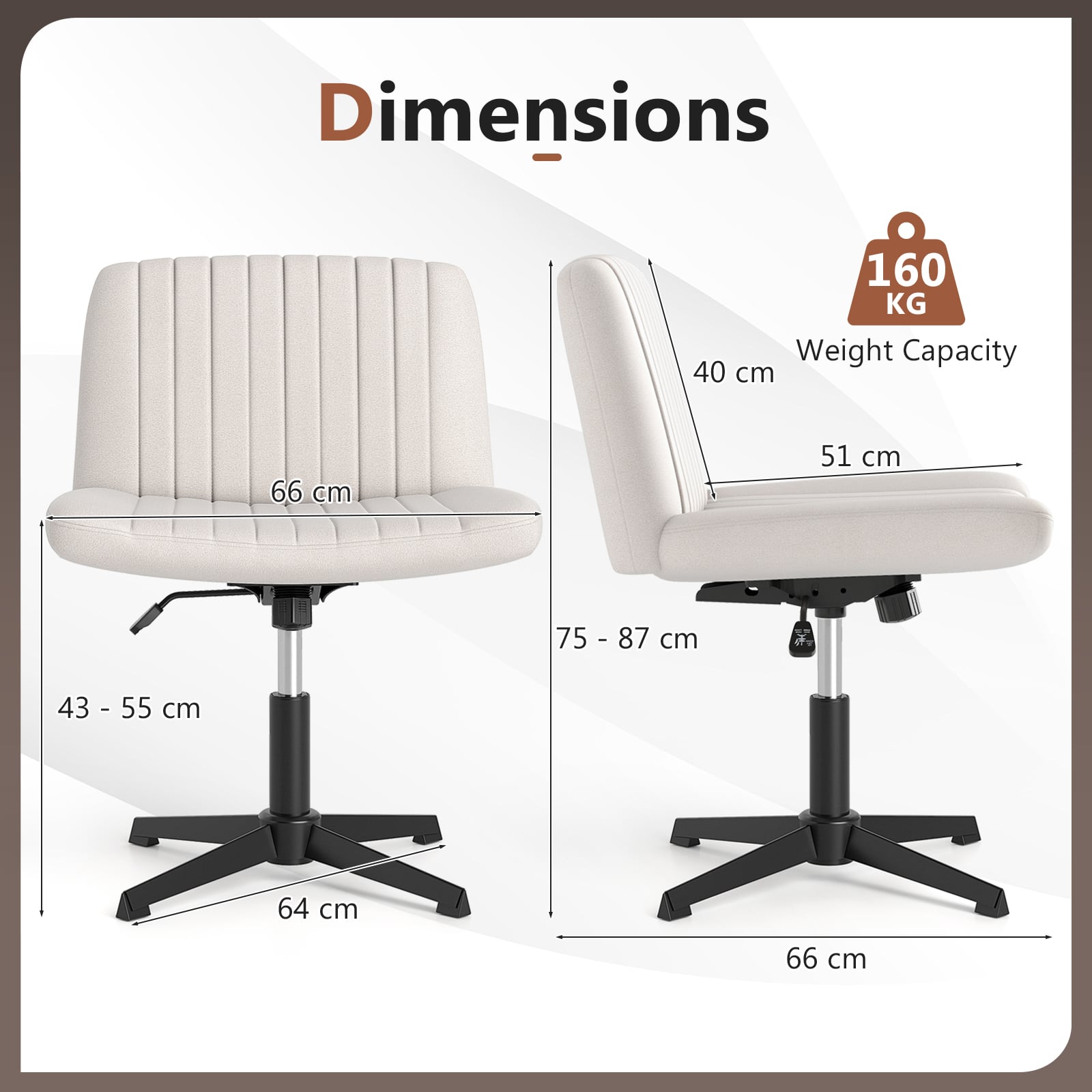 Criss Cross Chair No Wheels with Soft-Padded Wide Seat and Adjustable Height-Beige