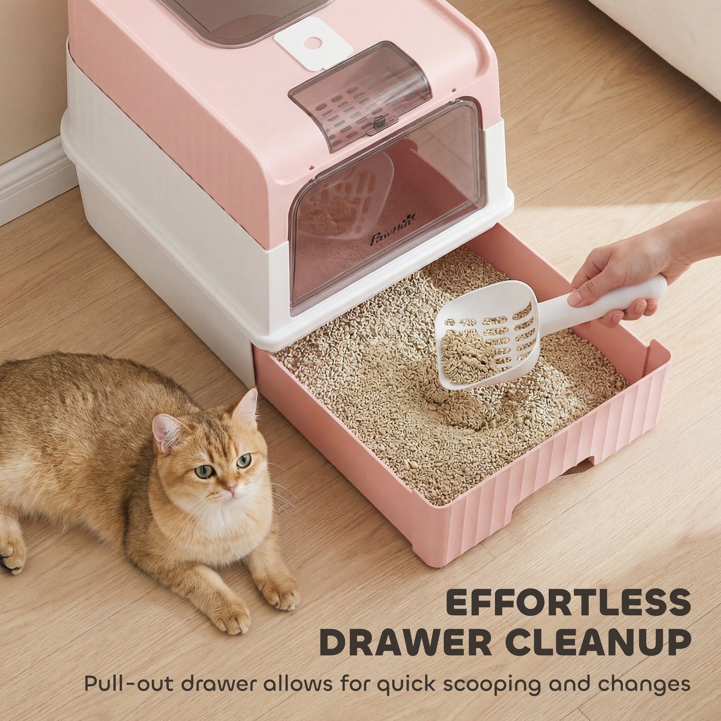 PawHut Enclosed Cat Litter Box with Lid, Pull-Out Drawer Tray, Scoop, 4 Deodorisation Bags, Front Entry & Top Exit, Pink