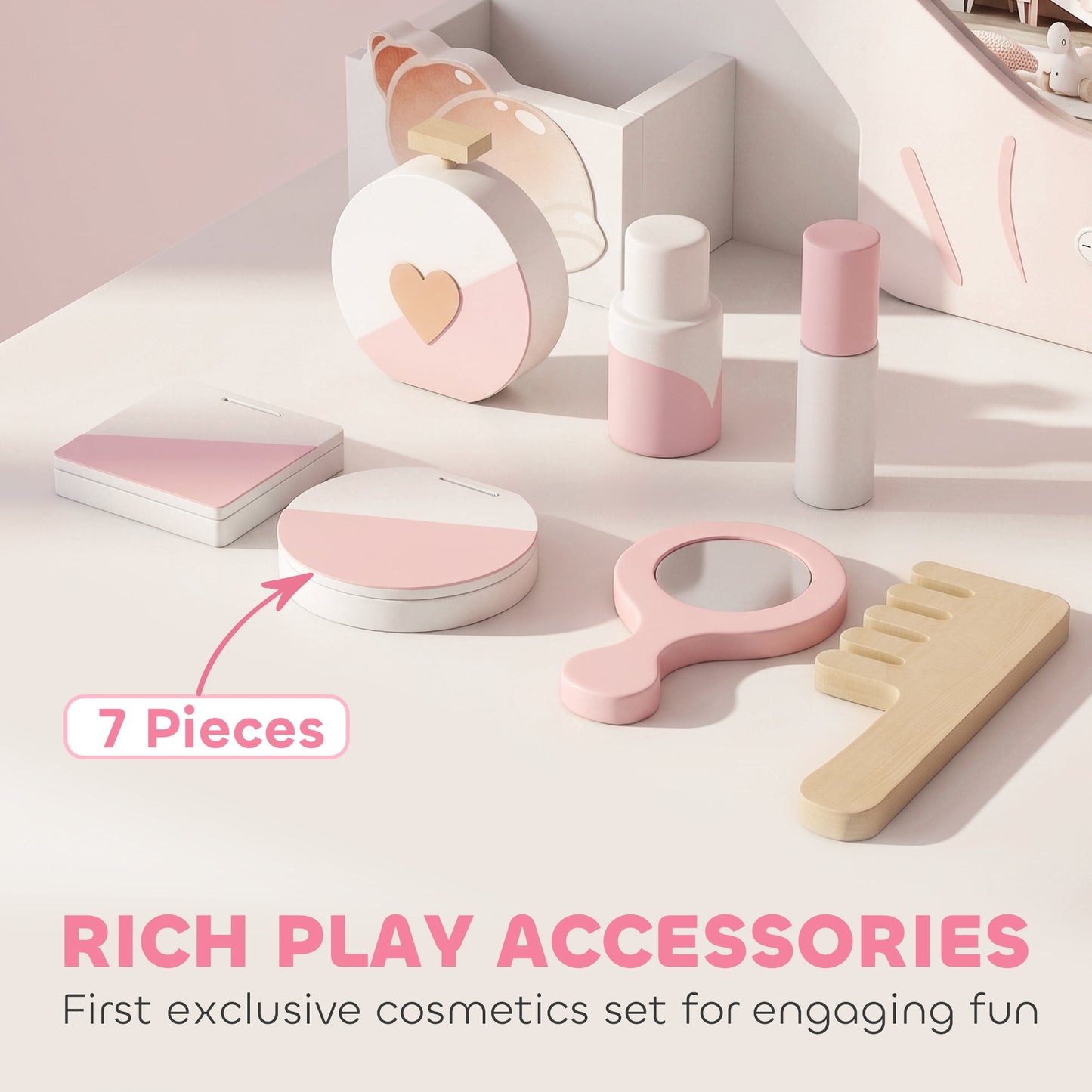 AIYAPLAY Kids Vanity Set, Kids Dressing Table with Chair, Acrylic Mirror, Lighted Bulbs, 7-Piece Accessories, for 3-8 Years, Pink
