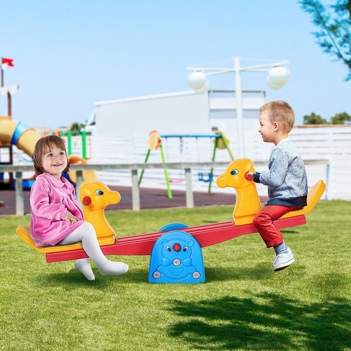 HOMCOM Kids Seesaw Safe Teeter Totter 2 Seats with Easy-Grip Handles, Safe, Indoor Outdoor Living Room Playroom Backyard Equipment, for 1-4 years old Multicolor