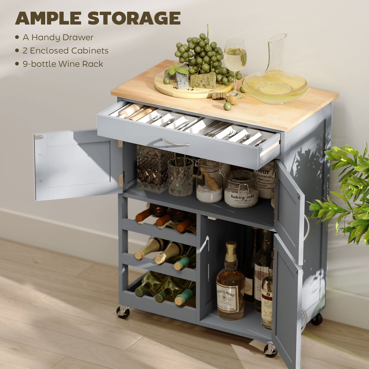 HOMCOM Modern Kitchen Trolley, Rolling Island Storage Cart with Drawer, 9-bottle Wine Rack, Door Cabinets, Wooden Countertop, Grey