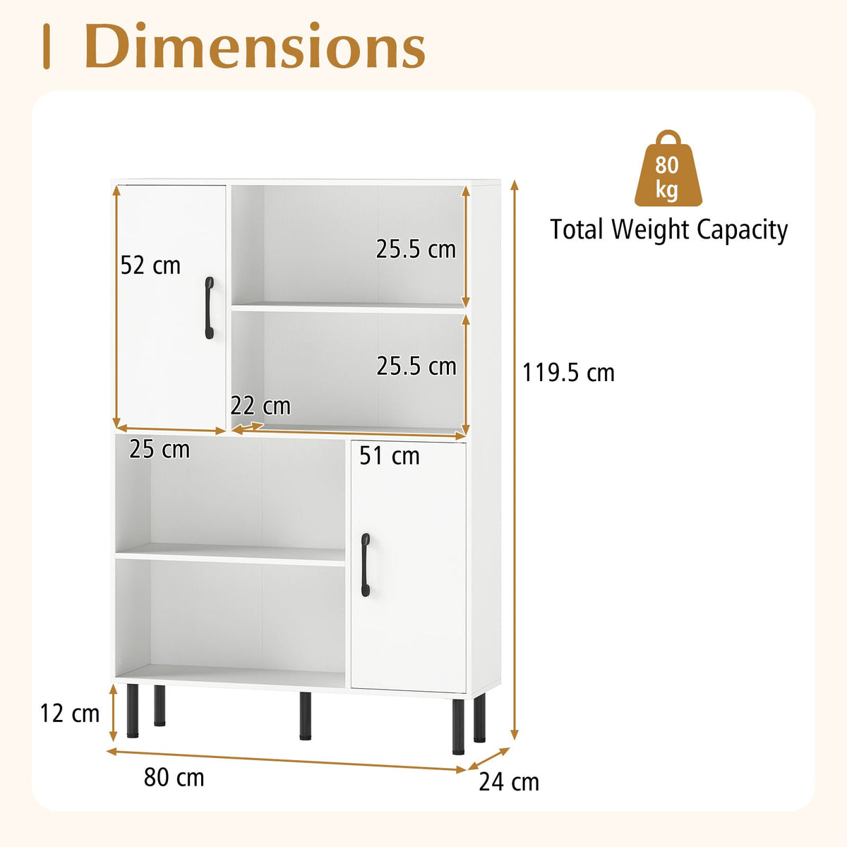 Cube Storage Cabinet with Metal Legs and Anti-topping Kits-White