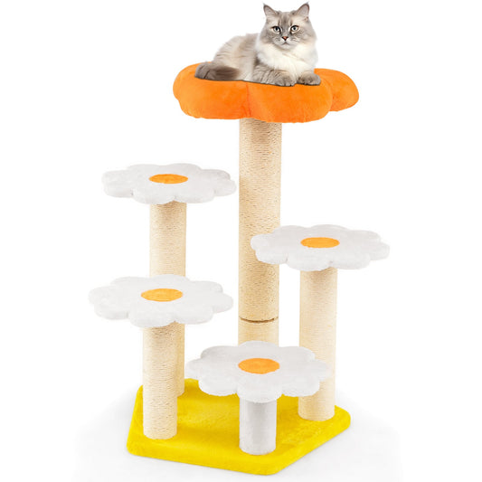 Cute Flower Cat Tree Kitty Tower with Sisal Scratching Posts-Yellow